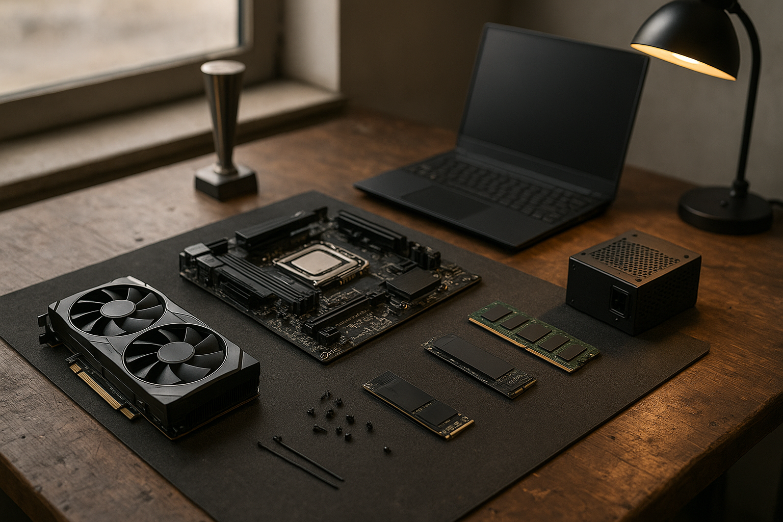 2026 PC hardware awards display featuring a graphics card, CPU, laptop, motherboard, and SSD with award ribbons