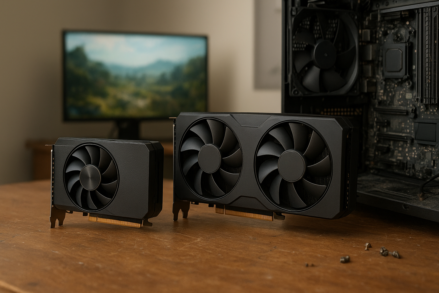 8GB VRAM GPU graphics card with visible memory chips beside a modern gaming monitor
