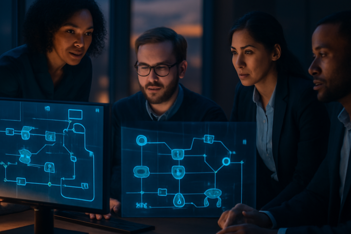 Futuristic digital agents coordinating automated business workflows on multiple screens in a modern office