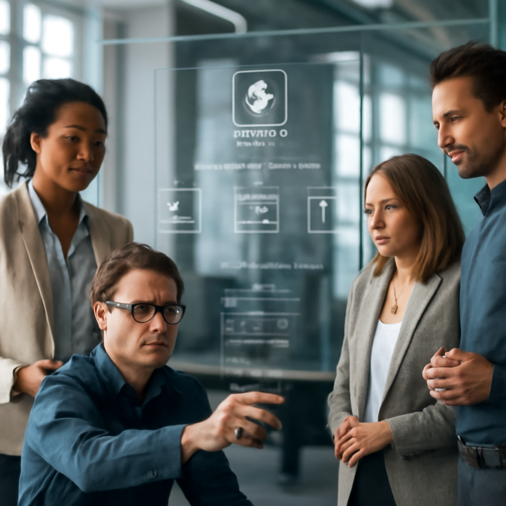 a photorealistic operations team reviewing an AI agent workflow on large transparent dashboards in a modern office