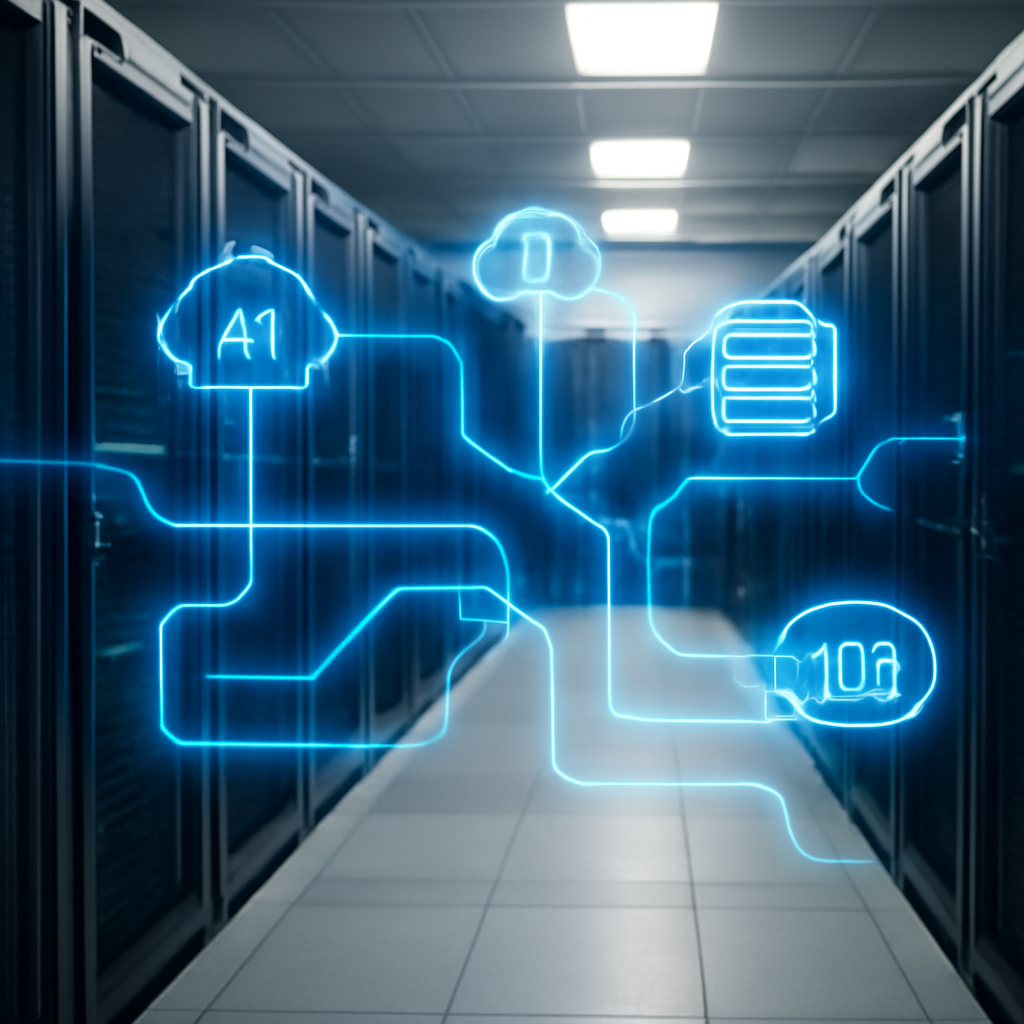 a secure enterprise data center with glowing network paths connecting specialised AI services and business applications