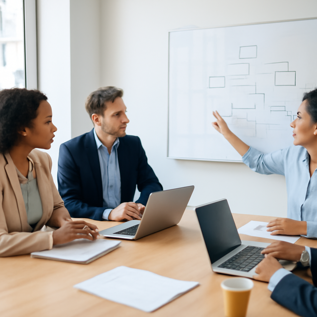 a diverse business team conducting a calm human-in-the-loop review of an AI-generated workflow plan in a bright meeting