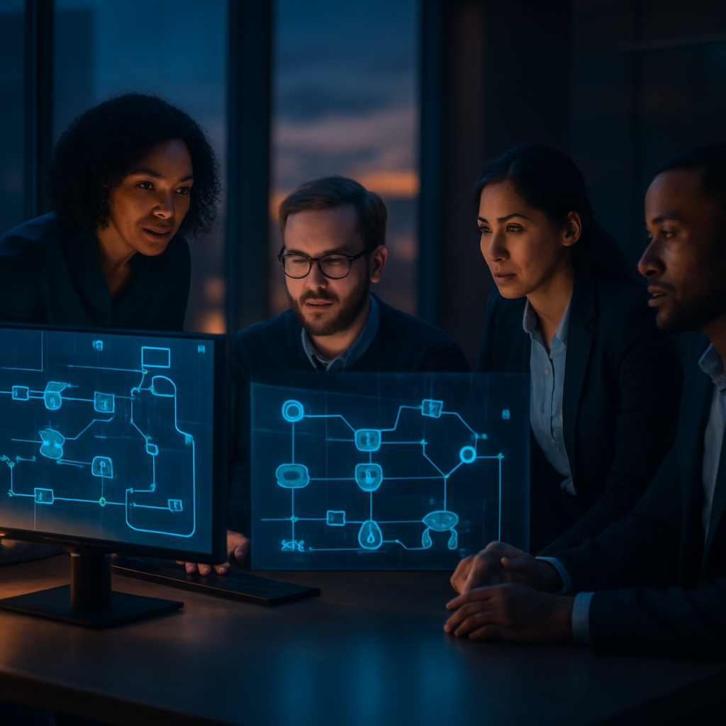 Futuristic digital agents coordinating automated business workflows on multiple screens in a modern office