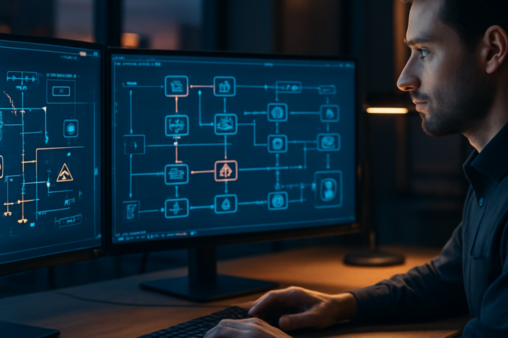 Professional reviewing an AI automation workflow on multiple monitors