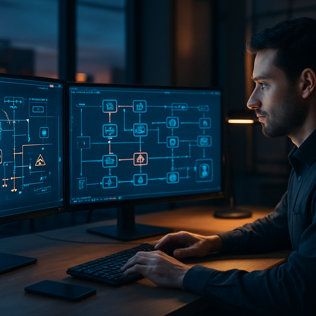 Professional reviewing an AI automation workflow on multiple monitors