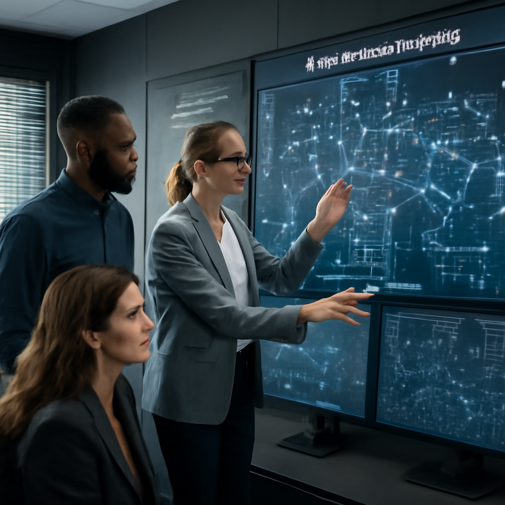 a photorealistic operations team reviewing an AI agent permission map on large monitors in a secure control room