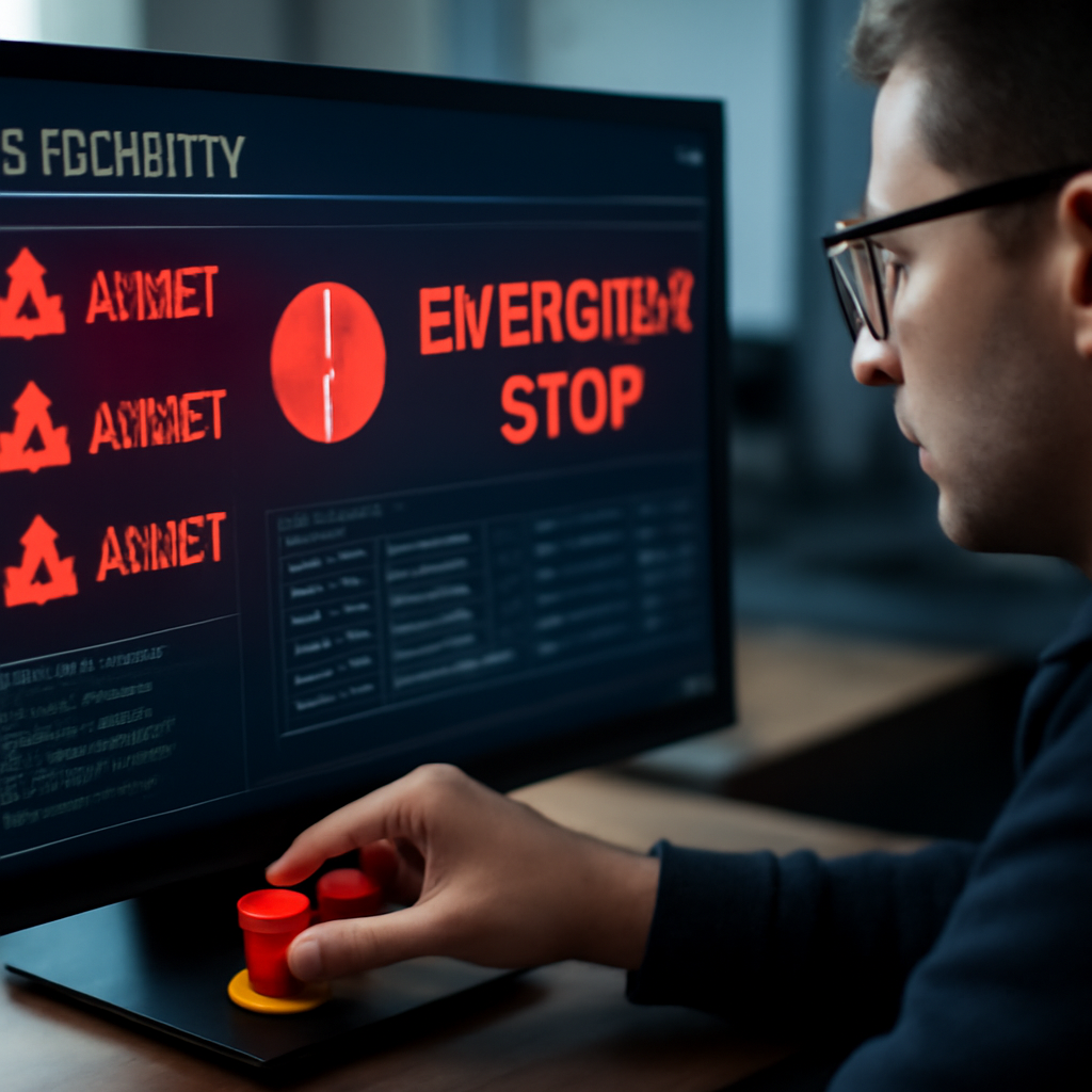 a cybersecurity engineer activating an emergency stop dashboard for an autonomous software system, with red alert indica
