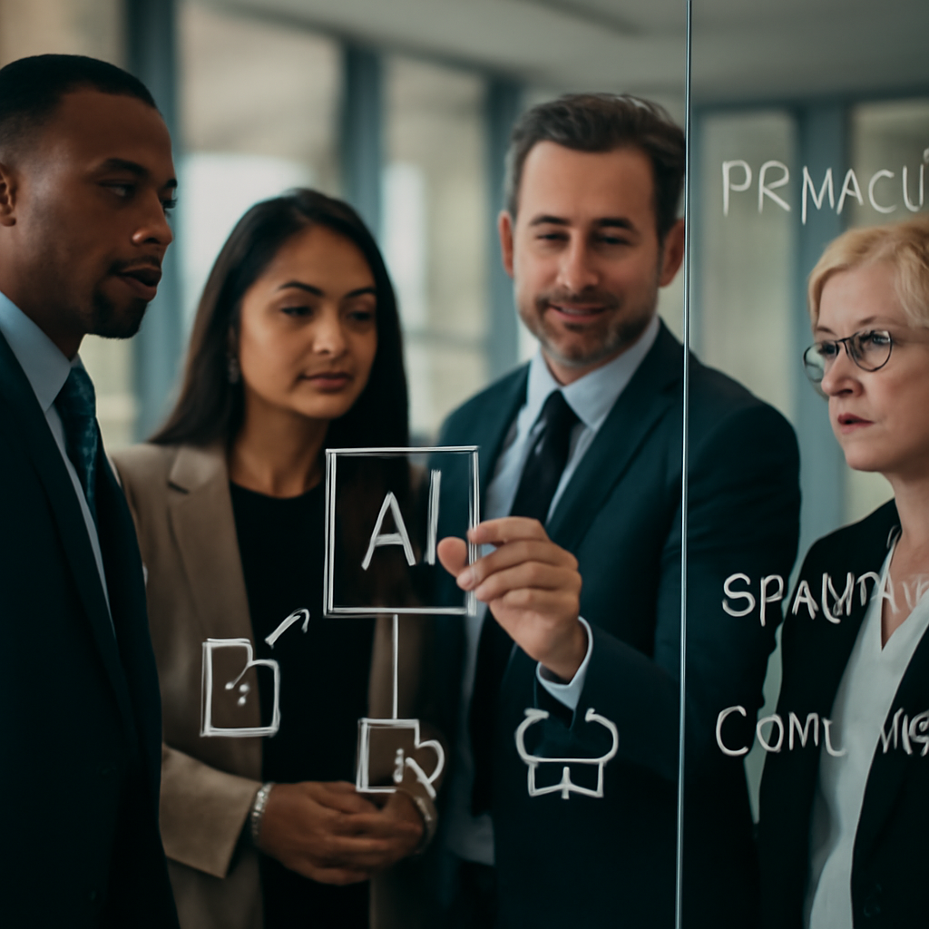 a diverse governance committee inspecting an AI workflow diagram on a glass wall, with privacy, security and compliance 