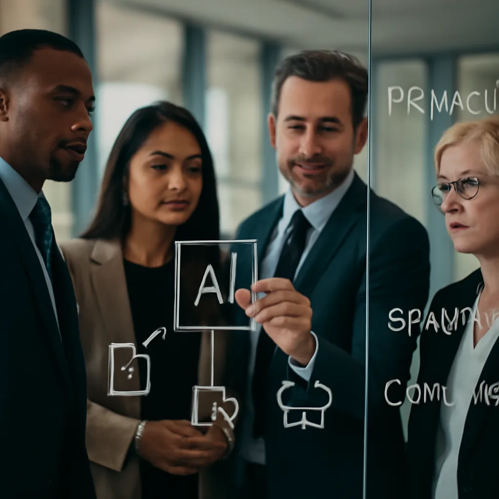 a diverse governance committee inspecting an AI workflow diagram on a glass wall, with privacy, security and compliance 