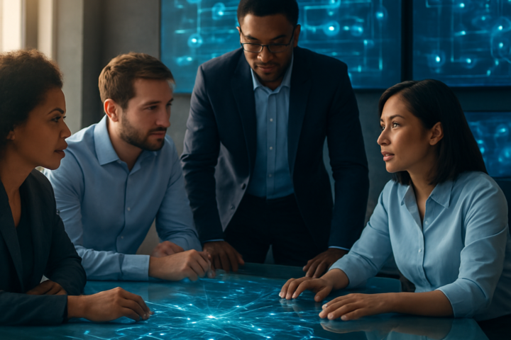 Professional team reviewing agentic automation workflows on large screens in a modern office