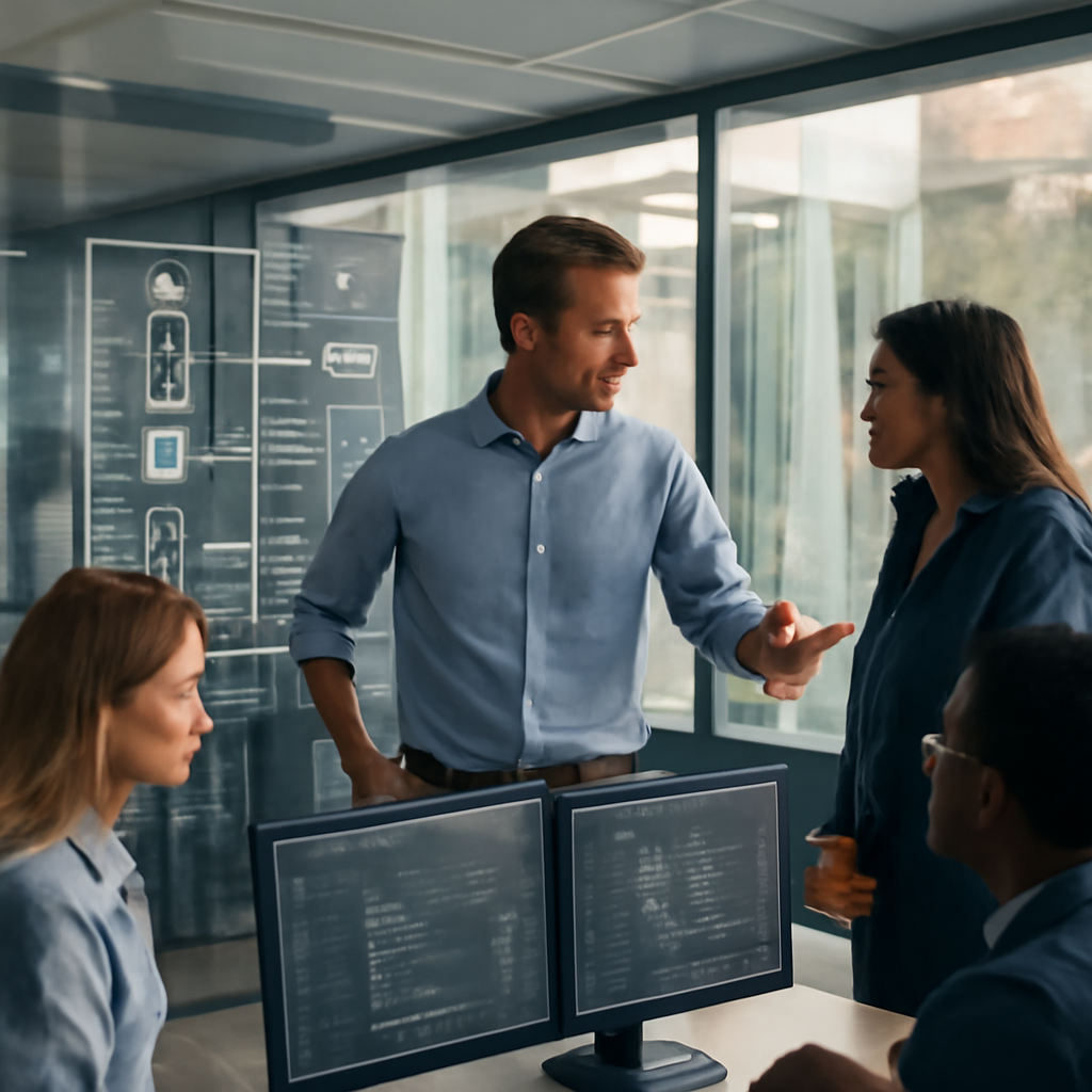 a photorealistic operations centre where a team studies an AI workflow map on large glass screens