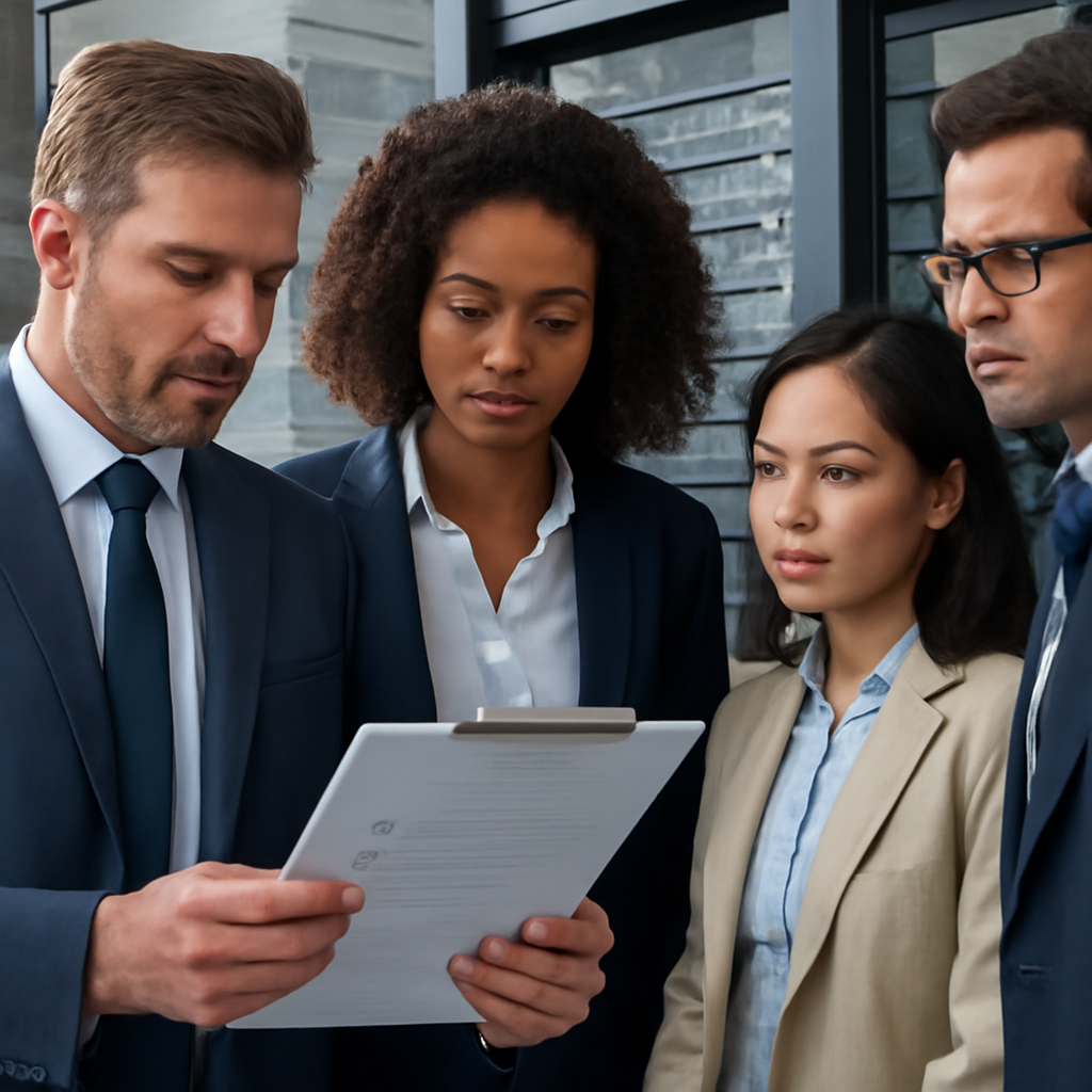 a photorealistic business team reviewing an AI governance checklist beside secure server infrastructure