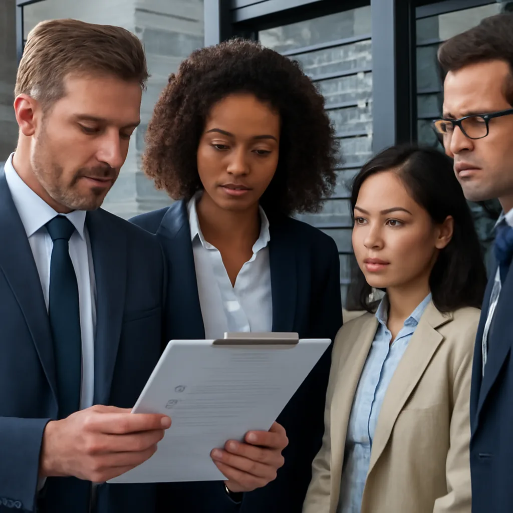 a photorealistic business team reviewing an AI governance checklist beside secure server infrastructure