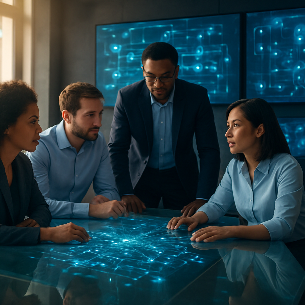Professional team reviewing agentic automation workflows on large screens in a modern office