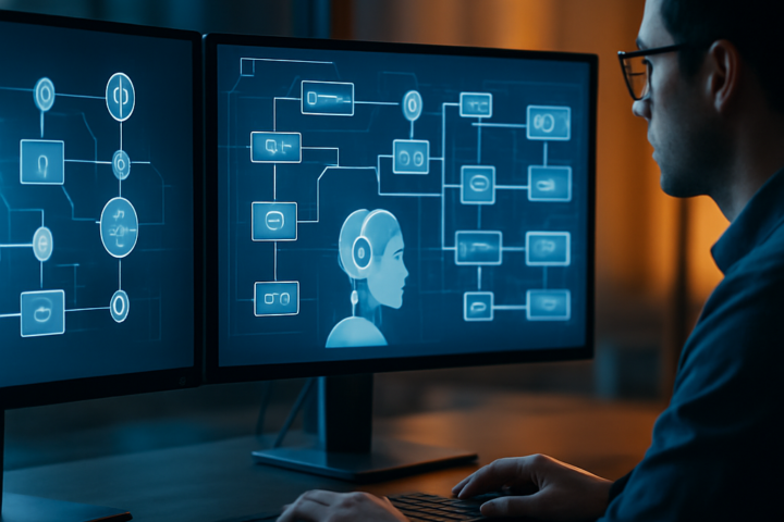 Professional reviewing agentic automation tools across multiple workflow dashboards