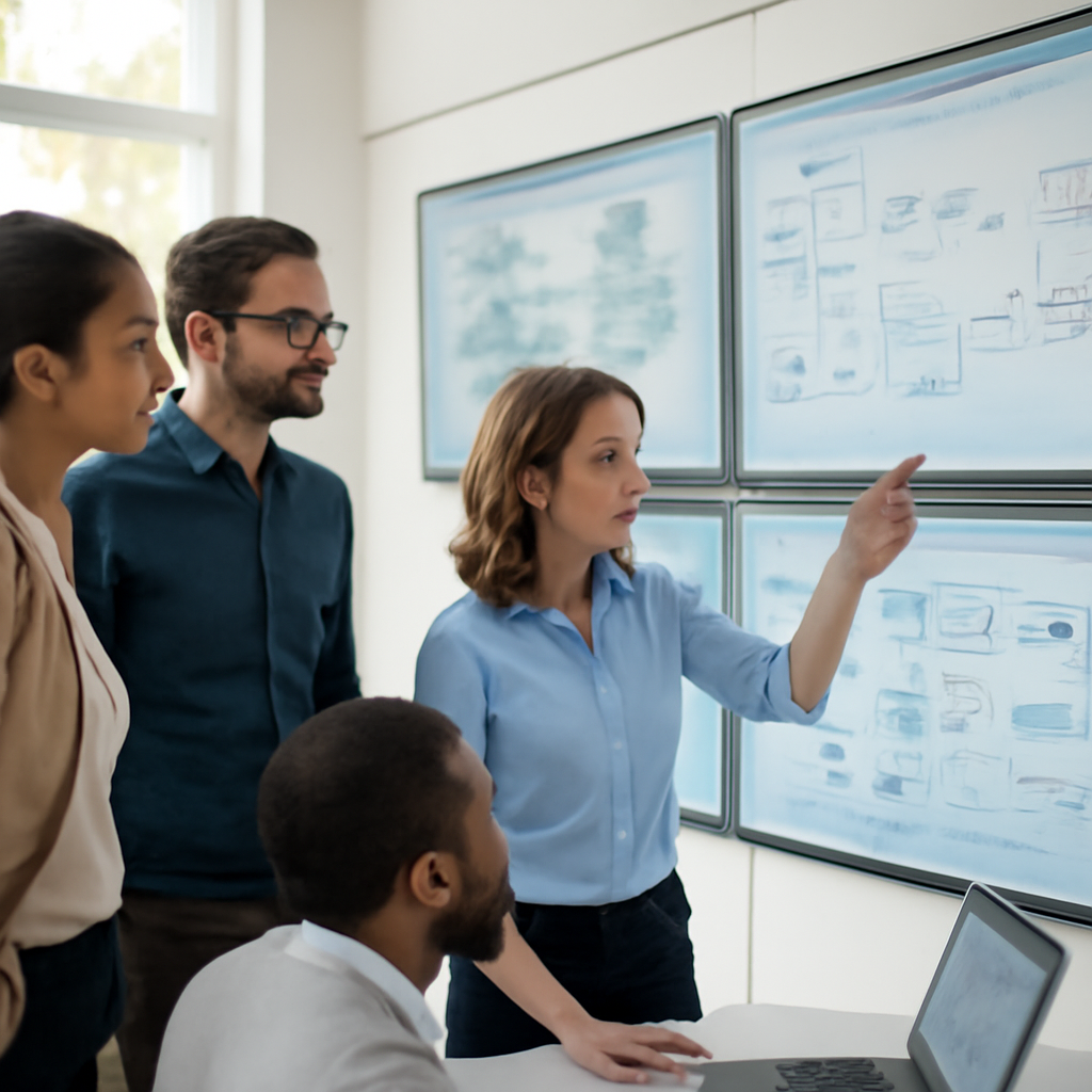 a photorealistic operations team reviewing an AI agent workflow on large wall-mounted screens in a bright modern office