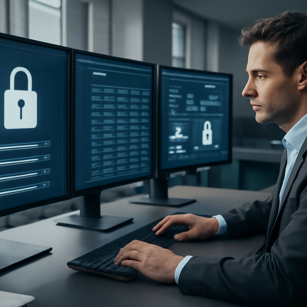 a secure enterprise control room showing permission settings, audit trails, workflow metrics, and a human approving an A
