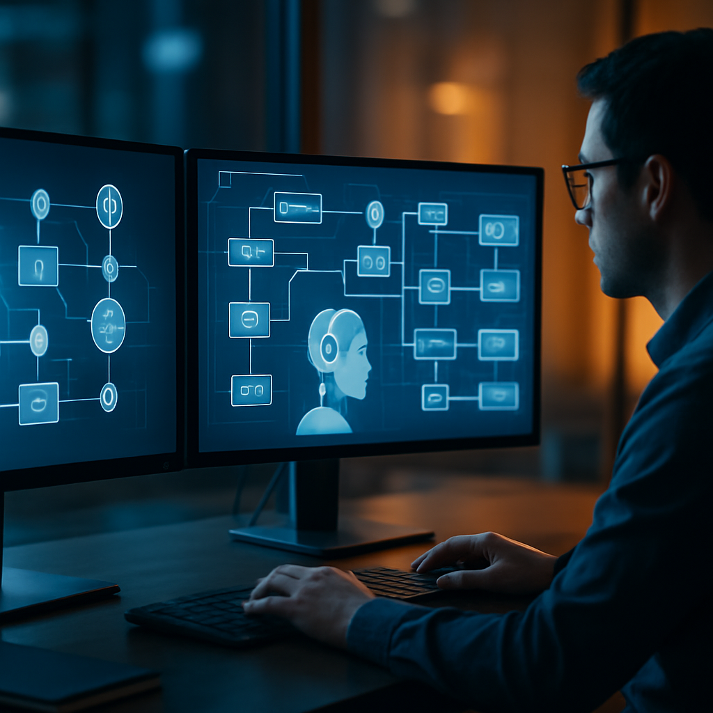 Professional reviewing agentic automation tools across multiple workflow dashboards