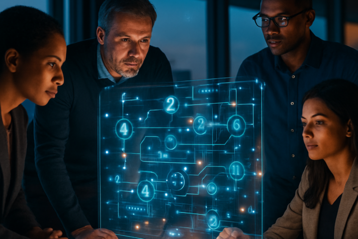 Futuristic office with AI agents coordinating automated workflows across digital screens