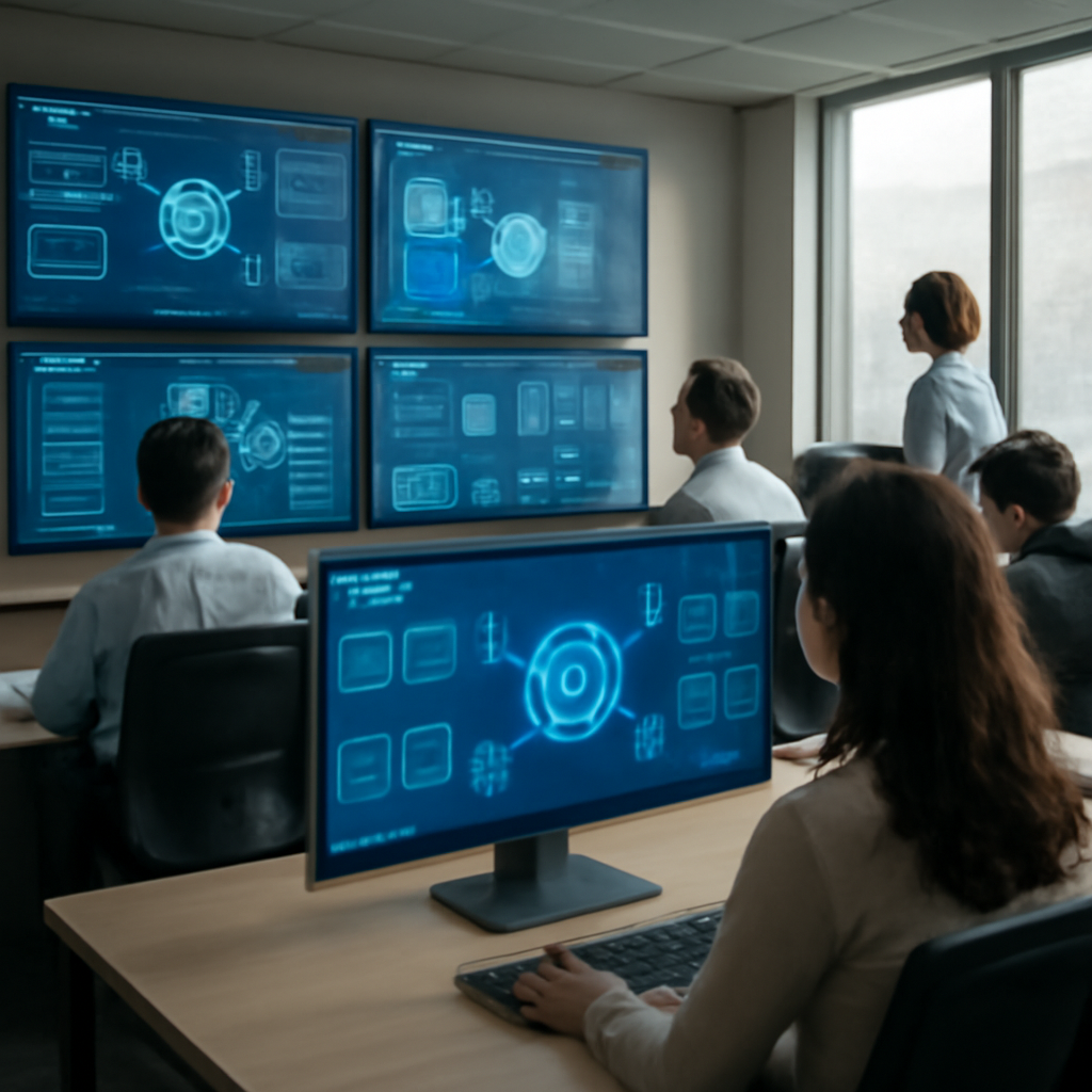 a photorealistic operations centre where several glowing AI workflow dashboards connect customer service, finance and su