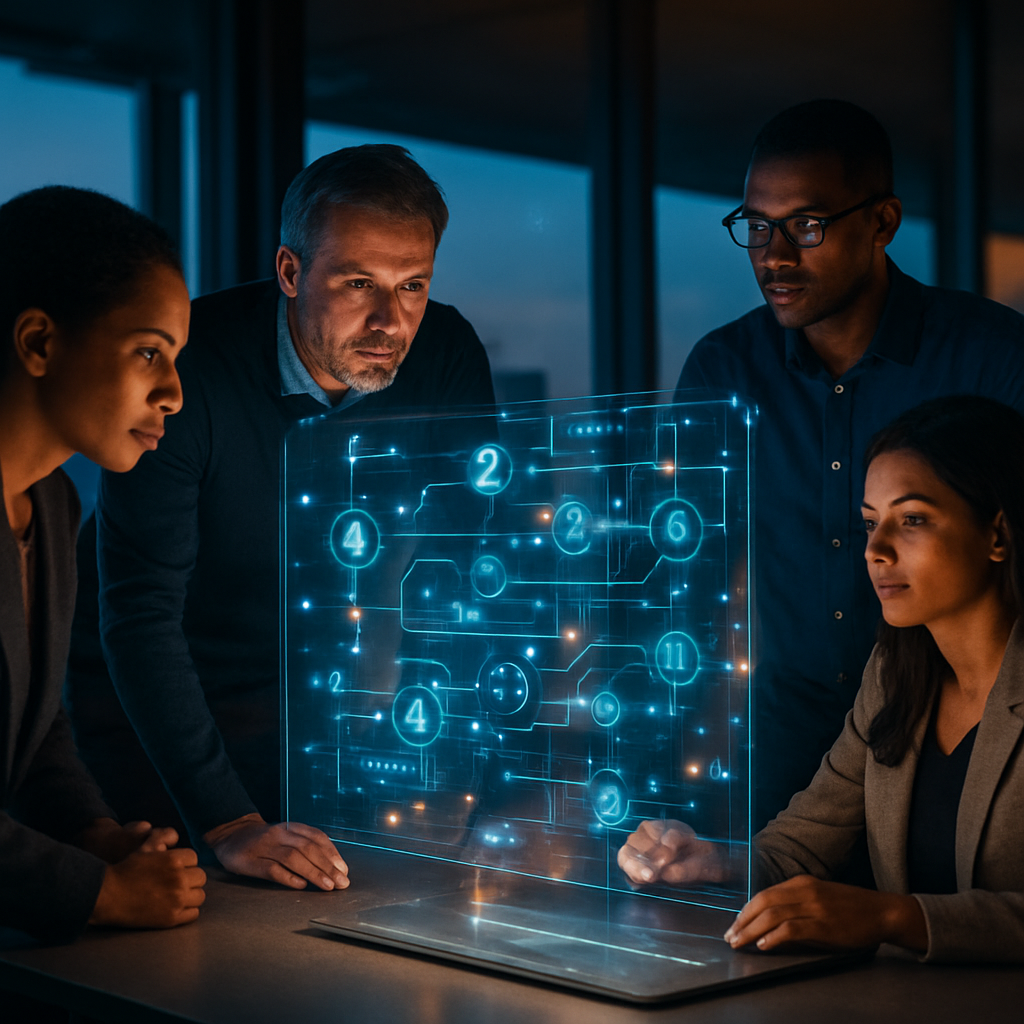 Futuristic office with AI agents coordinating automated workflows across digital screens