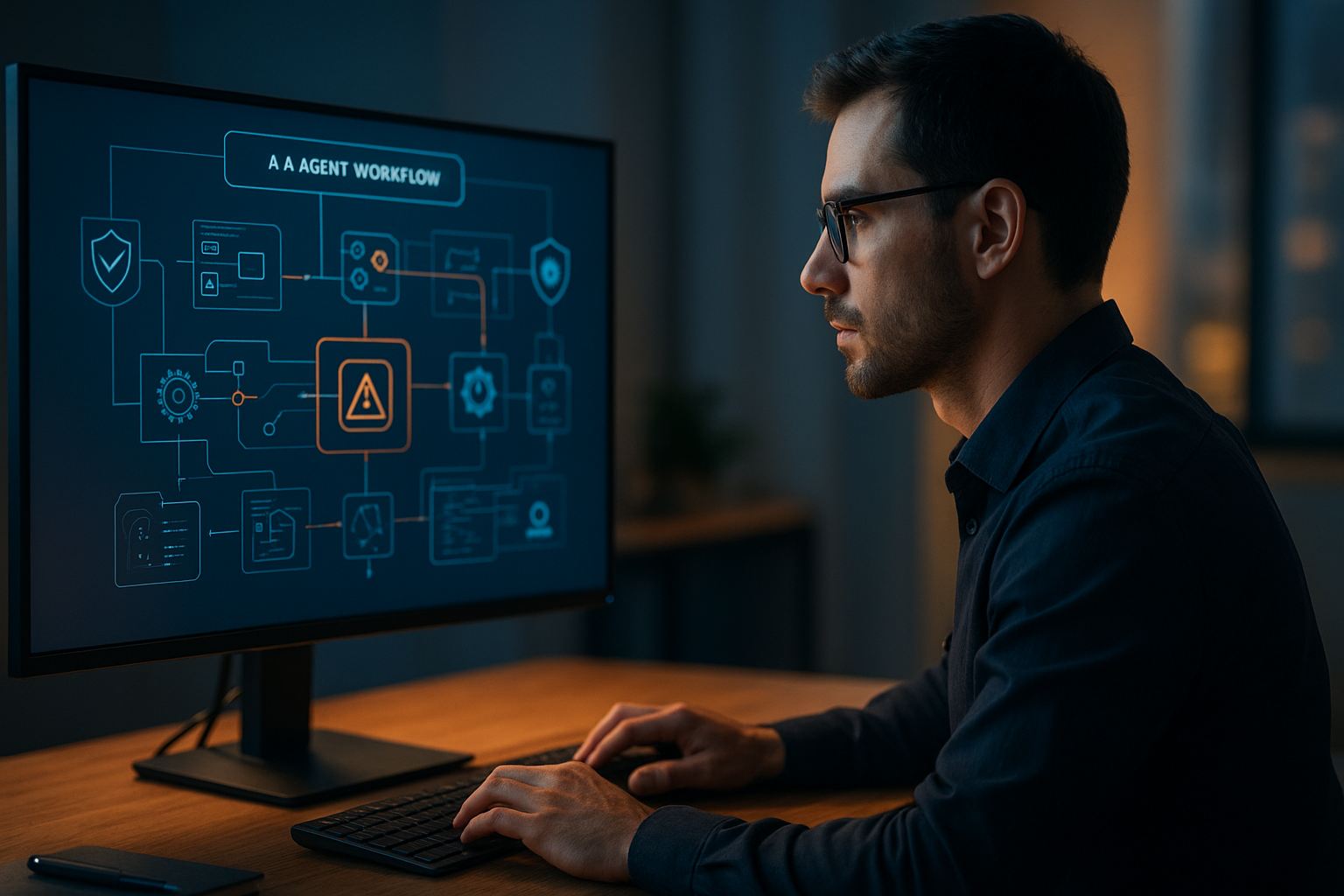 Professional reviewing an AI agent workflow on a computer in a modern office