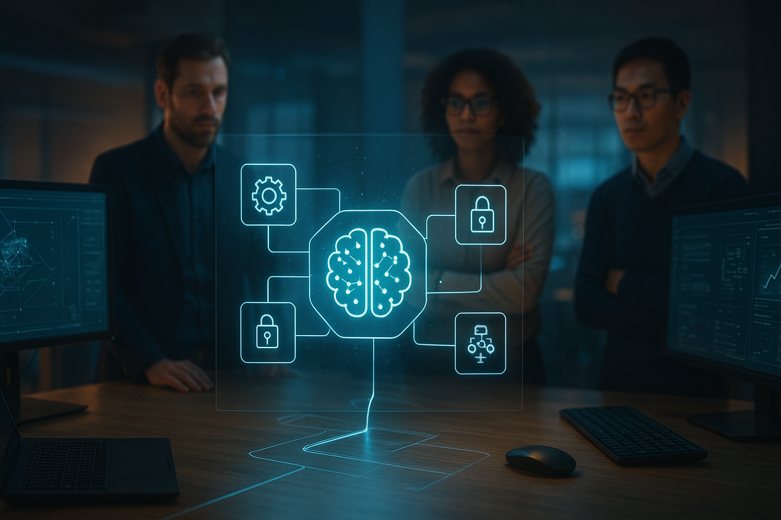 Futuristic AI agent interface coordinating multiple digital workflows on transparent screens