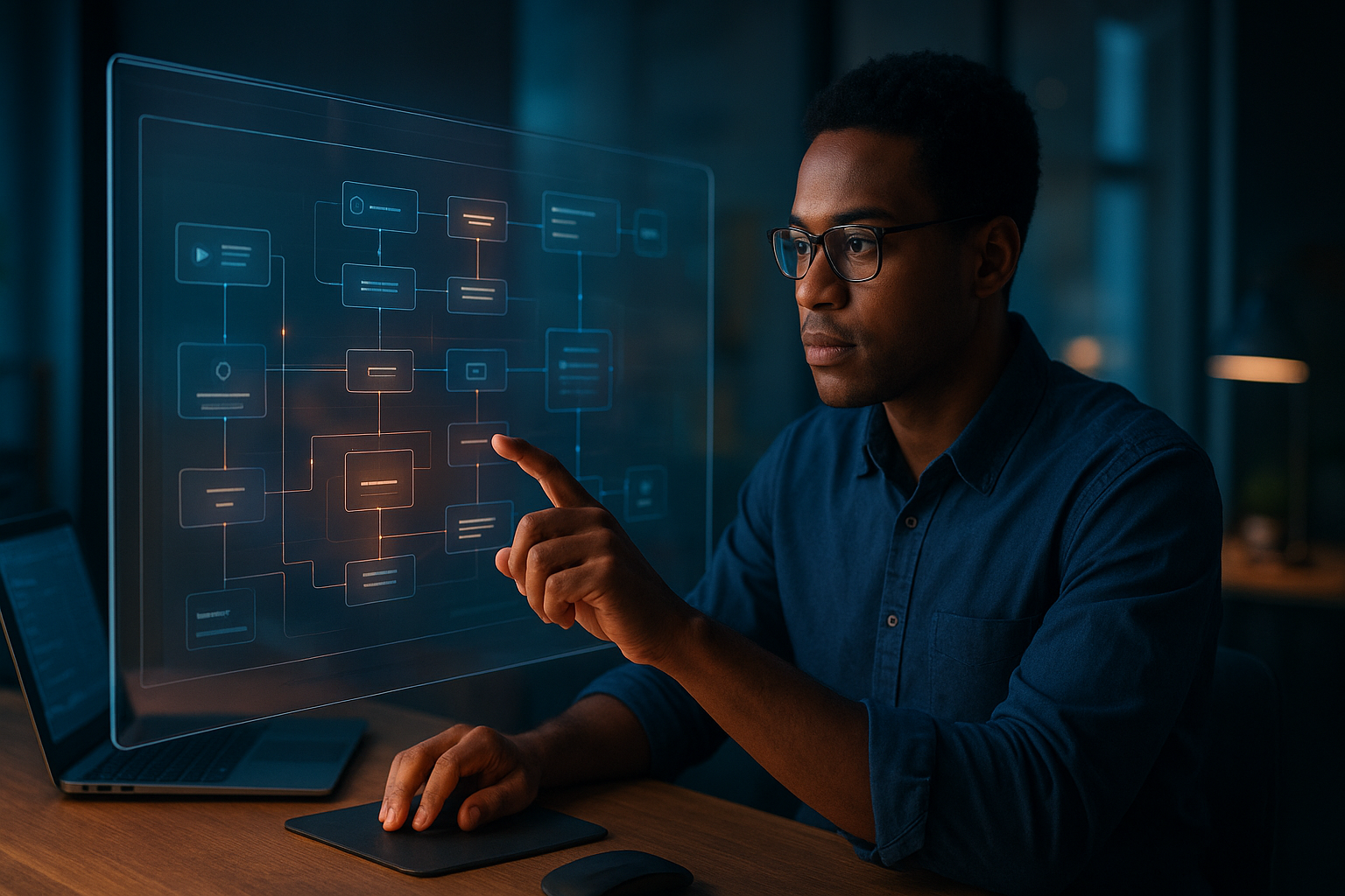 AI agent strategies represented by a professional reviewing interconnected workflow dashboards