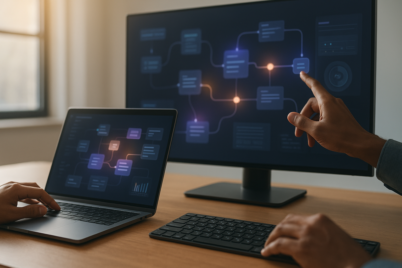 AI agent tools represented by a modern workspace with connected digital workflow screens