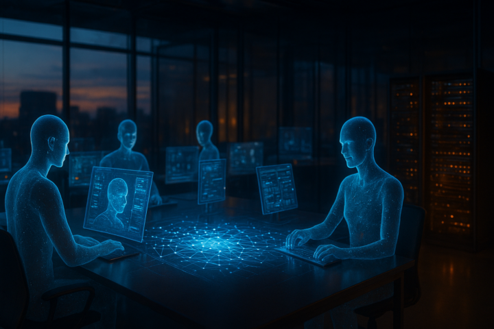 Futuristic AI agents collaborating across interconnected digital workspaces