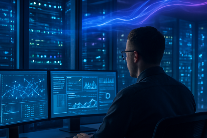 Modern cloud data center with glowing AI infrastructure visualization and security elements