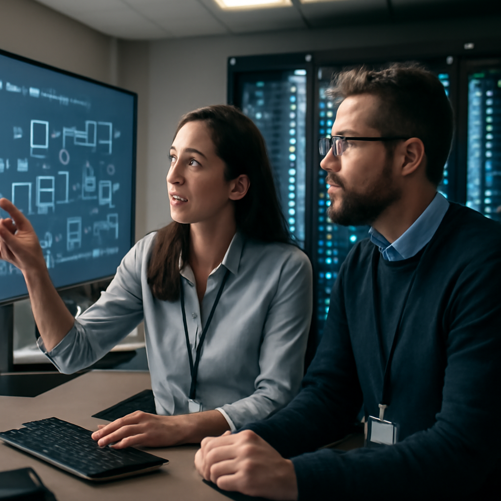 a photorealistic cloud operations center showing engineers reviewing AI workload diagrams beside glowing server racks