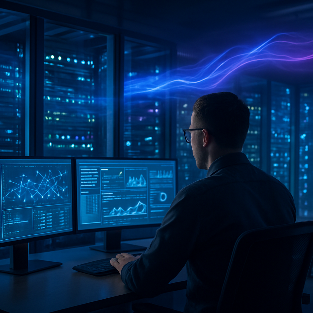 Modern cloud data center with glowing AI infrastructure visualization and security elements