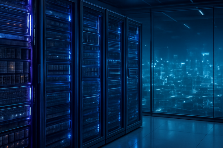 Futuristic AI cloud infrastructure visualization with servers, edge devices, and glowing network connections