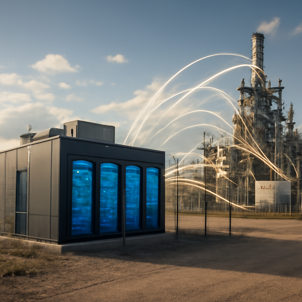 a photorealistic regional data center beside a connected industrial facility, showing edge computing equipment and glowi