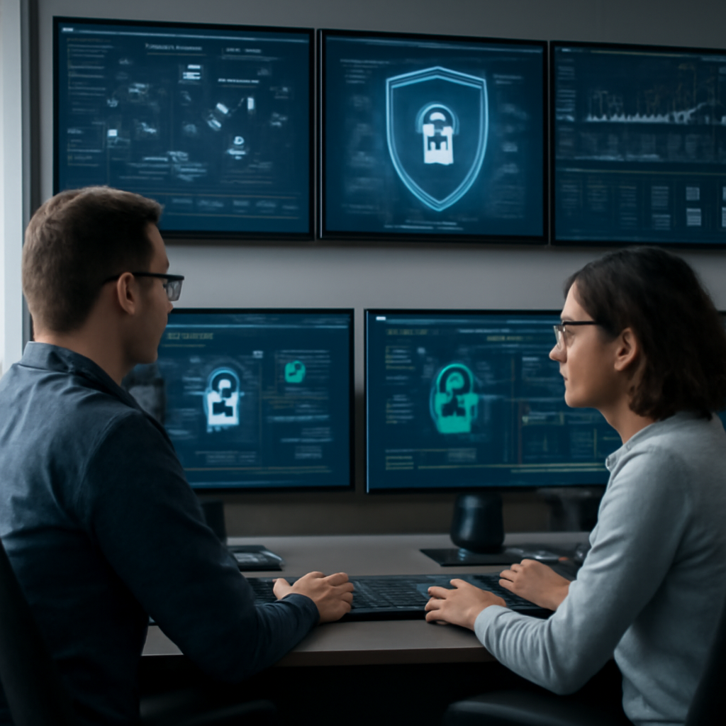 a secure AI operations centre with engineers reviewing model access dashboards, encrypted data flows and hardware health
