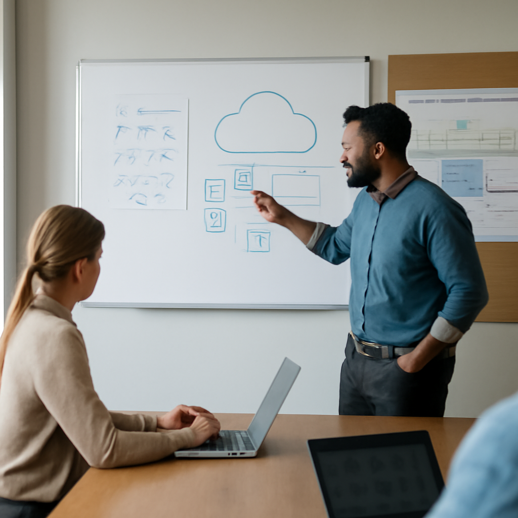 a technology planning workshop with cloud architecture diagrams, AI workload maps and a 2027 infrastructure roadmap on a
