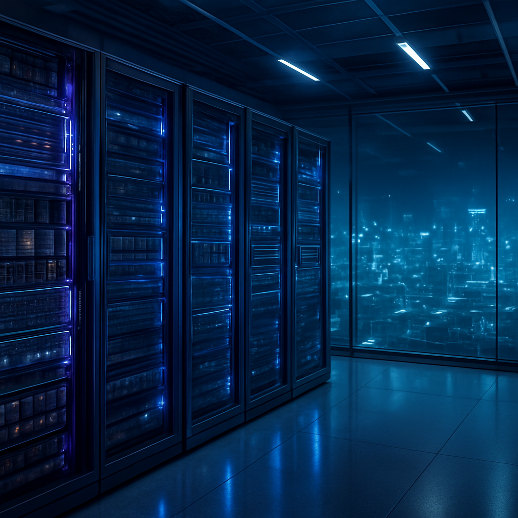 Futuristic AI cloud infrastructure visualization with servers, edge devices, and glowing network connections