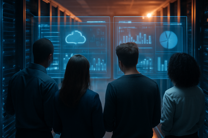Modern data center supporting AI cloud infrastructure with glowing server racks and a developer monitoring cloud workloads