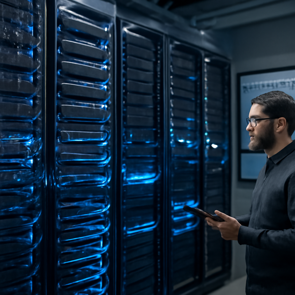 a photorealistic cloud data center with GPU servers, glowing network cables, and an engineer monitoring capacity on a wa