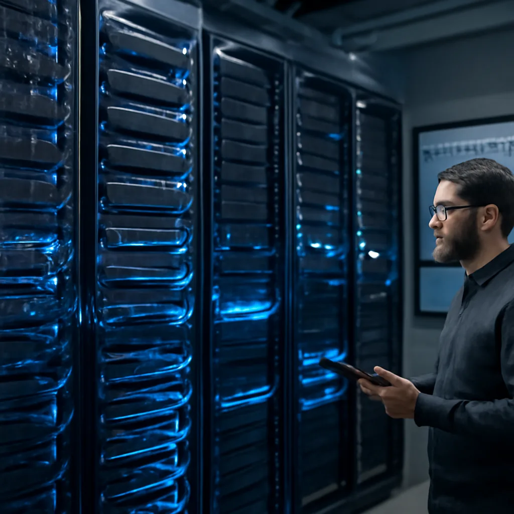 a photorealistic cloud data center with GPU servers, glowing network cables, and an engineer monitoring capacity on a wa