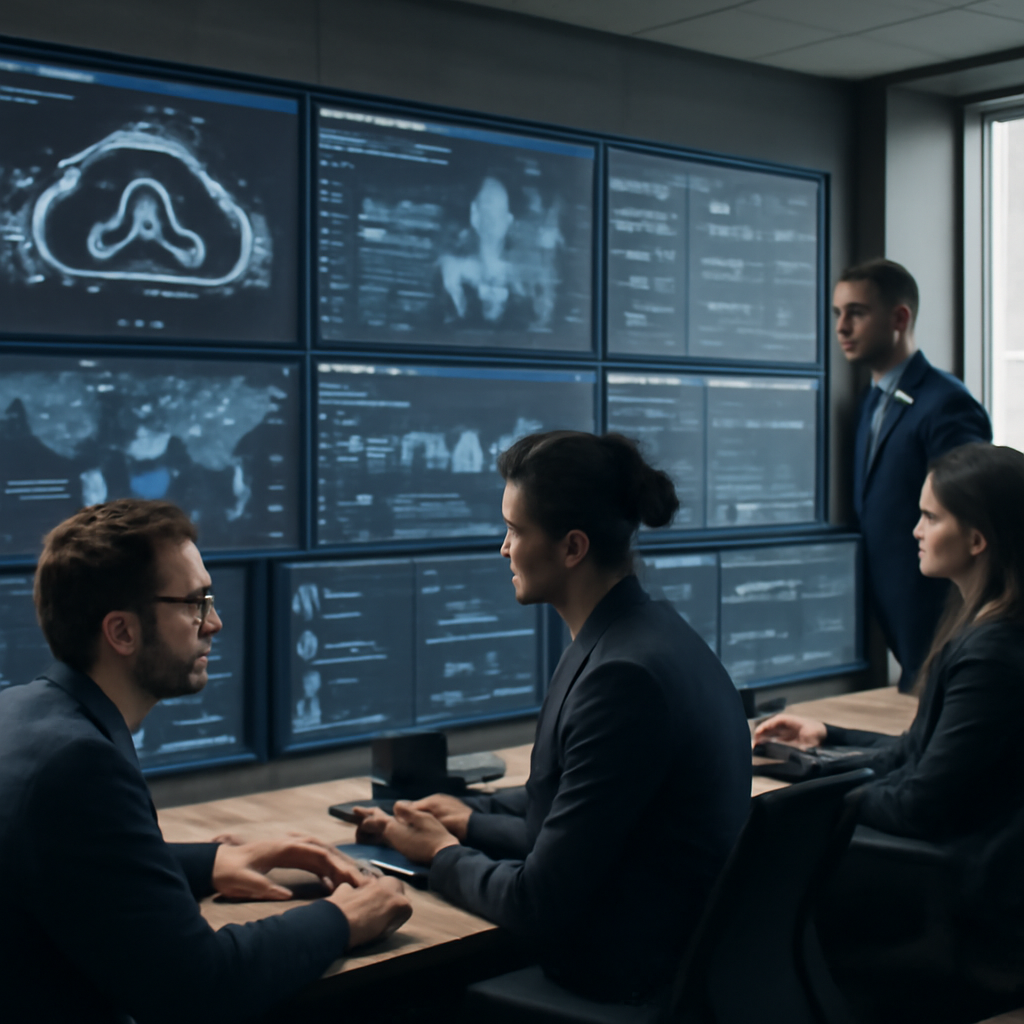 a photorealistic security operations center showing a cloud AI dashboard, identity controls, encrypted data flows, and a