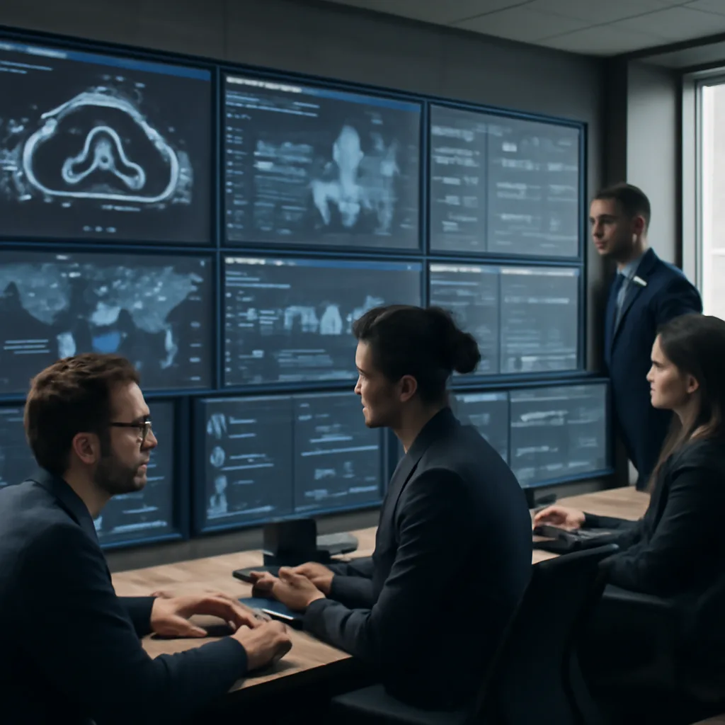 a photorealistic security operations center showing a cloud AI dashboard, identity controls, encrypted data flows, and a