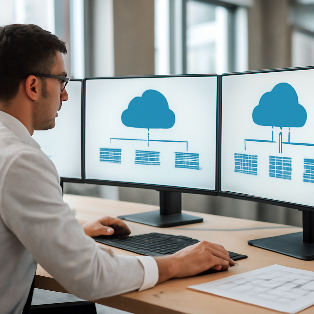 a photorealistic architect viewing a multi-cloud AI infrastructure diagram across three large monitors in a bright moder