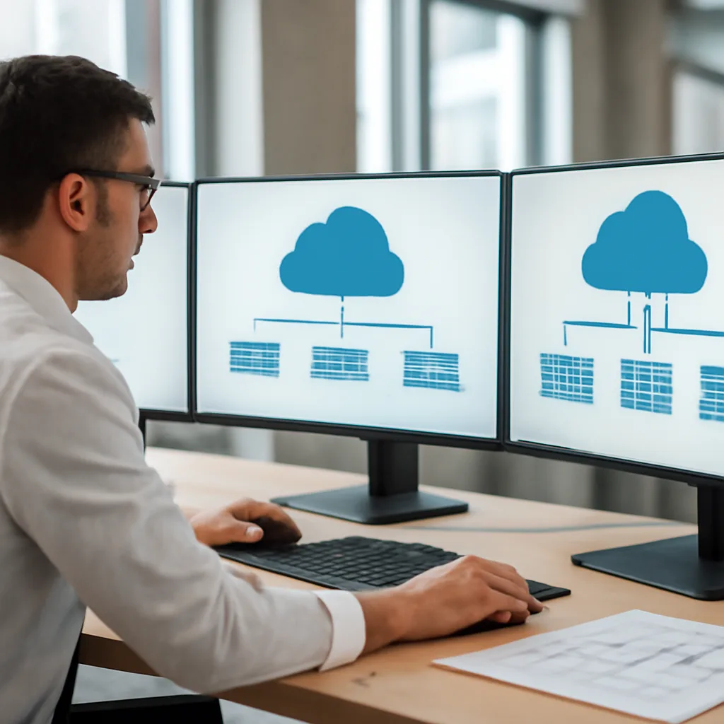 a photorealistic architect viewing a multi-cloud AI infrastructure diagram across three large monitors in a bright moder