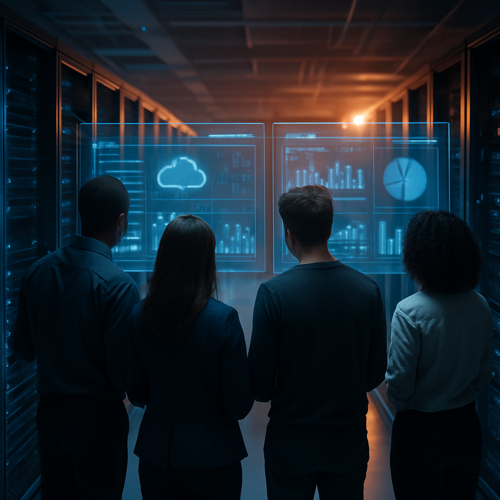 Modern data center supporting AI cloud infrastructure with glowing server racks and a developer monitoring cloud workloads