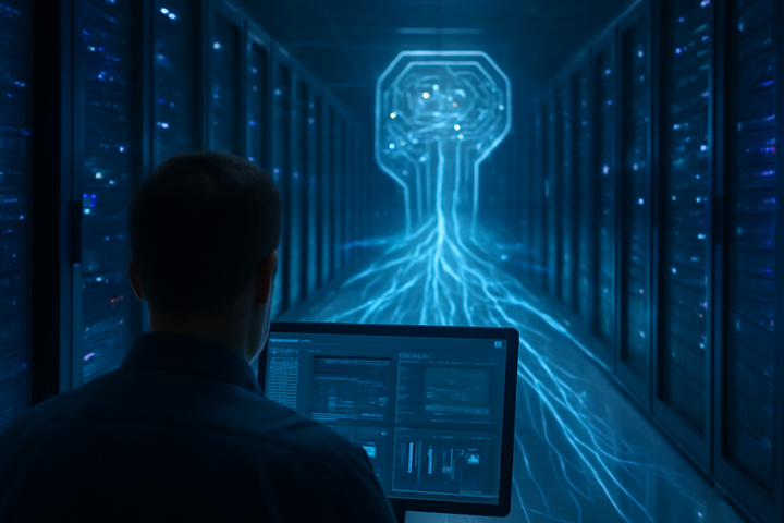 Photorealistic server room representing AI cloud infrastructure with glowing data pathways and a focused engineer