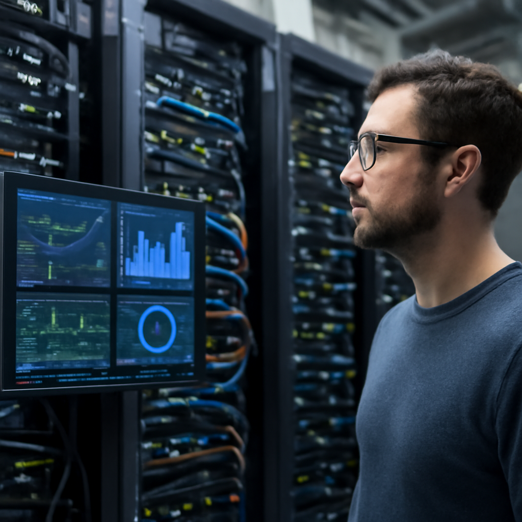 a photorealistic cloud data centre with GPU servers, fibre connections, and a software engineer viewing AI workload dash
