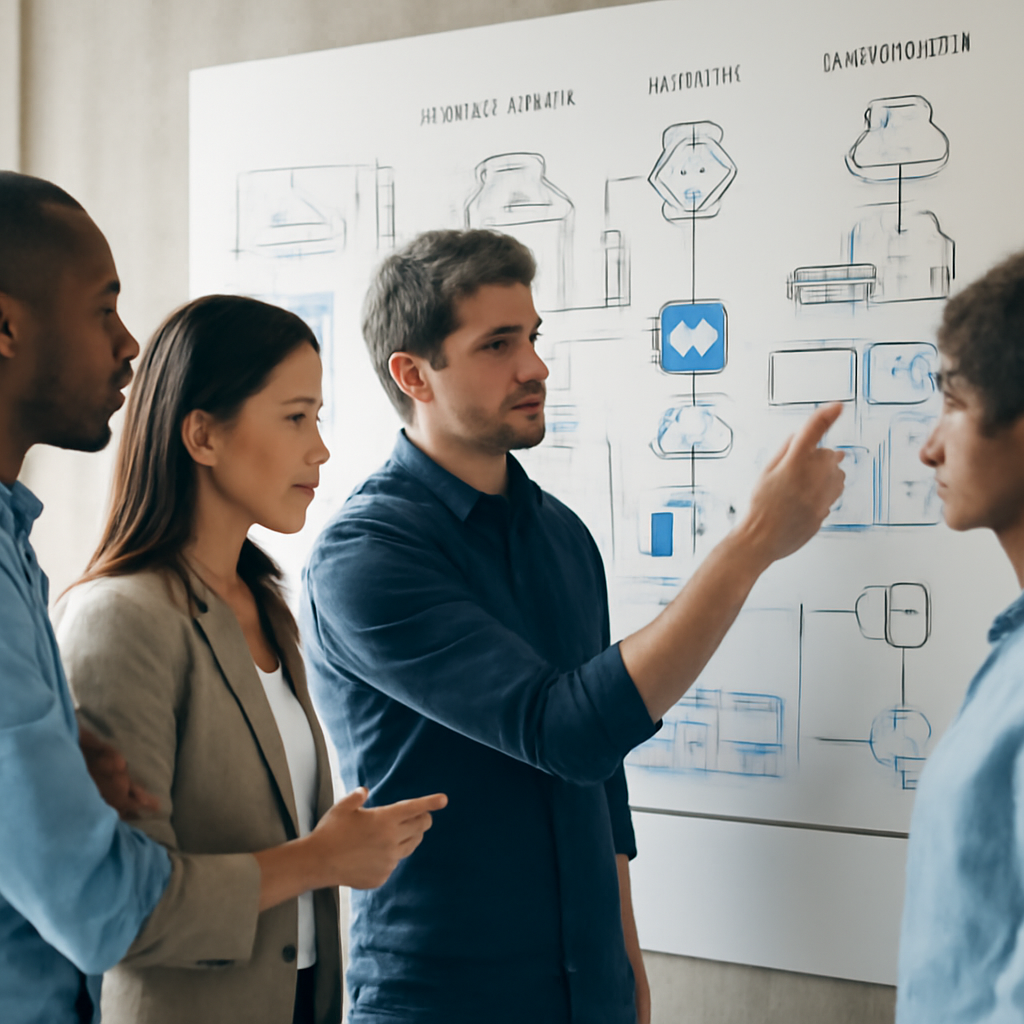 a diverse engineering team collaborating around a wall-sized architecture diagram showing Kubernetes clusters, model pip