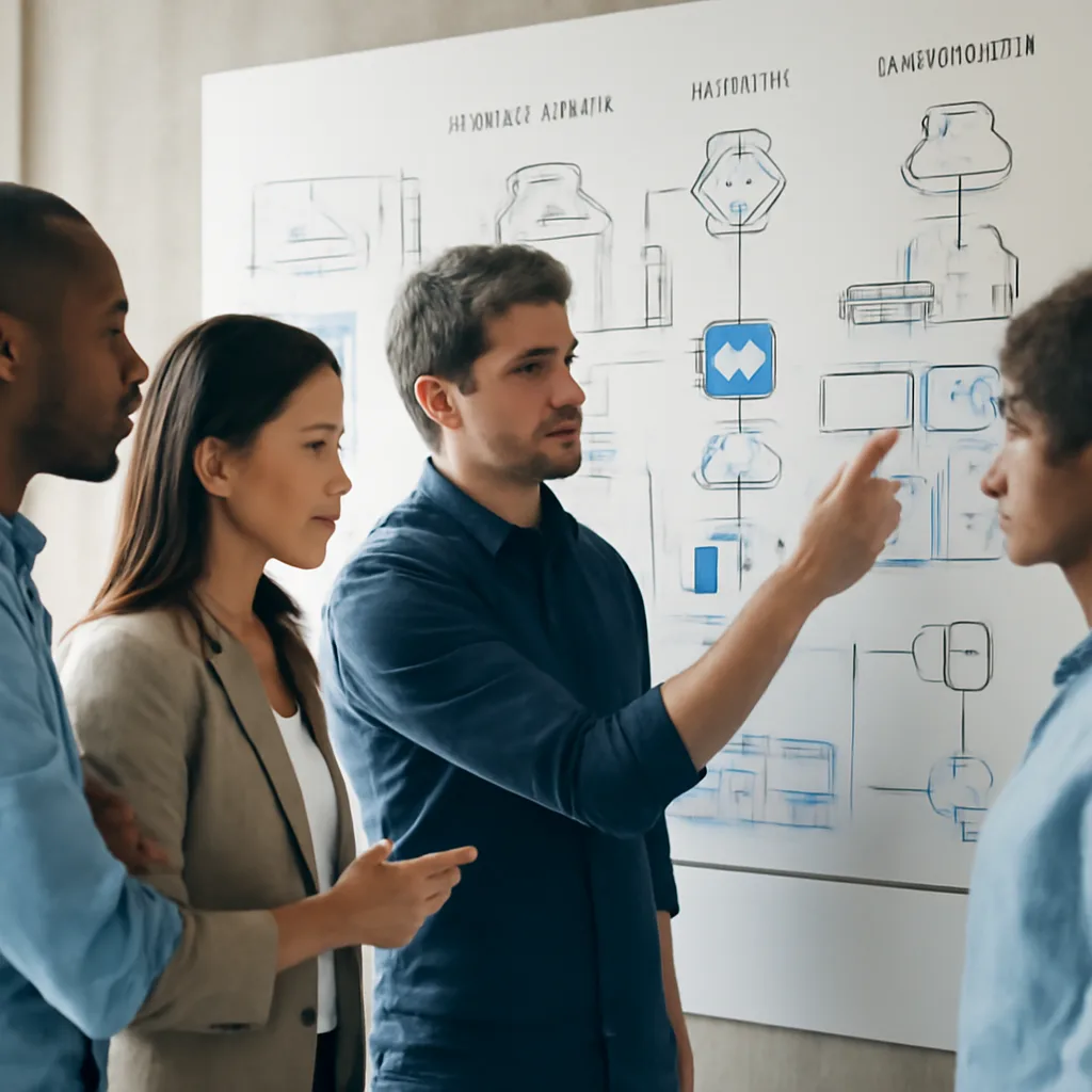 a diverse engineering team collaborating around a wall-sized architecture diagram showing Kubernetes clusters, model pip